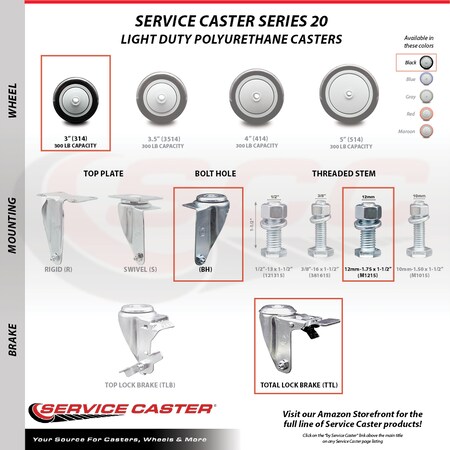 Service Caster 3 Inch SS Black Poly Swivel 12mm Threaded Stem Caster Total Lock Brake, 2PK SSTSTTL20S314-PPUB-BLK-M1215-2-S-2